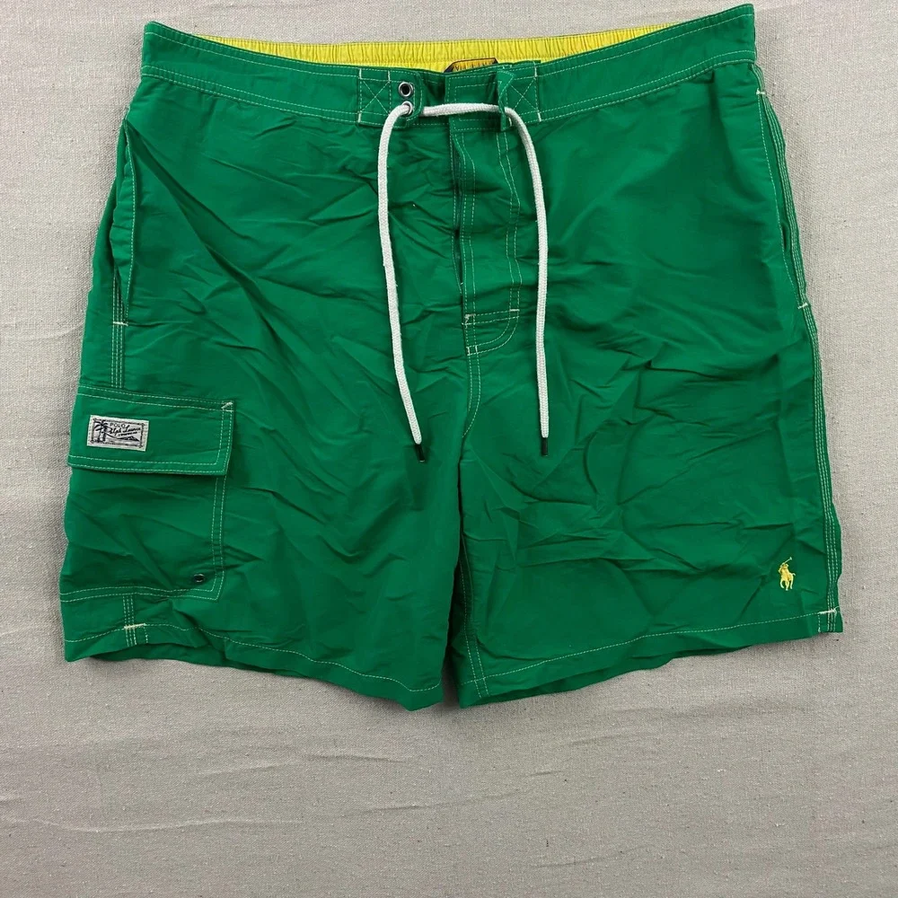 Polo‎ Ralph Lauren Swim Trunks Mens XL Green Cargo Pocket Drawstring Pony Logo